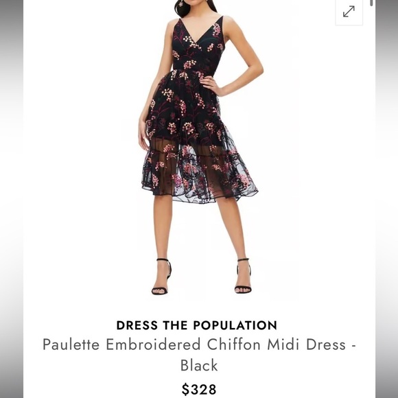 Dress the Population Black Paulette Embroidered Sequins Chiffon Midi Dress - XXS - Picture 8 of 8